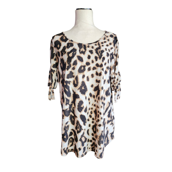 Amana Tops - Amana Leopard Animal Print Embroidered Tie-Sleeve Tunic Top Women's L